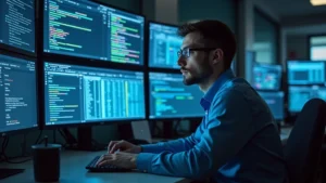 Professional cybersecurity analyst examining encrypted email data on multiple monitors in a modern tech office environment, showing digital security visualization and encryption algorithms on screens