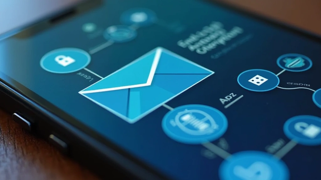 Modern smartphone displaying secure email application with end-to-end encryption indicators, padlock symbols, and authentication features, close-up of mobile security interface