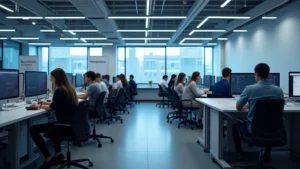Modern university computer science lab with students working on laptops and dual monitors, bright LED lighting, collaborative workspace with standing desks and whiteboards