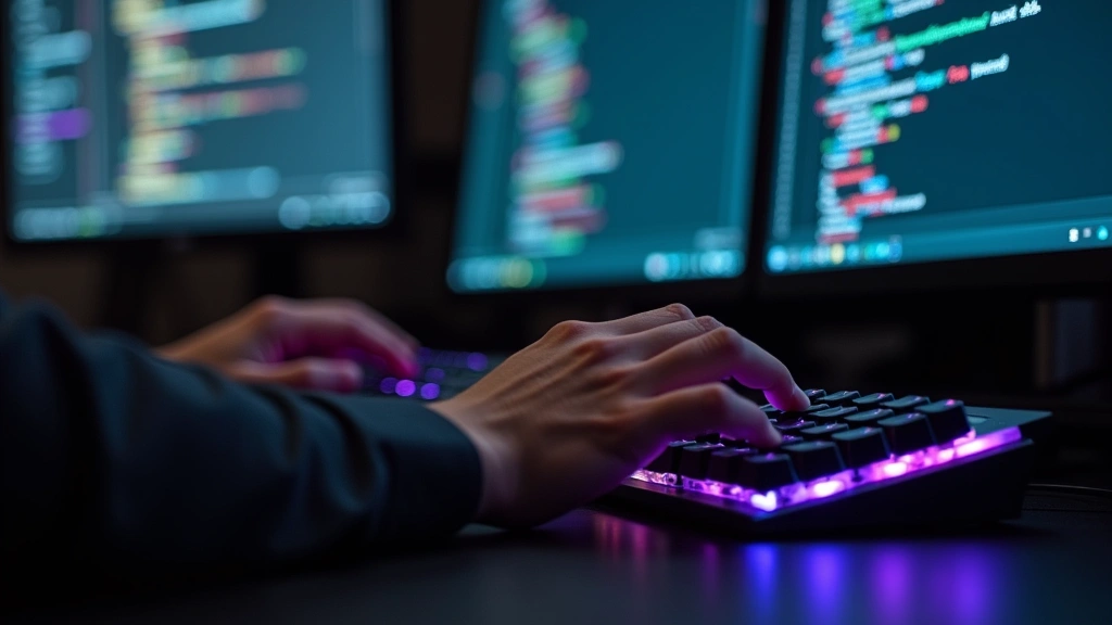 Close-up of programmer hands typing on mechanical keyboard with RGB backlighting, multiple monitors displaying code editor with Python syntax highlighting, professional workspace setup