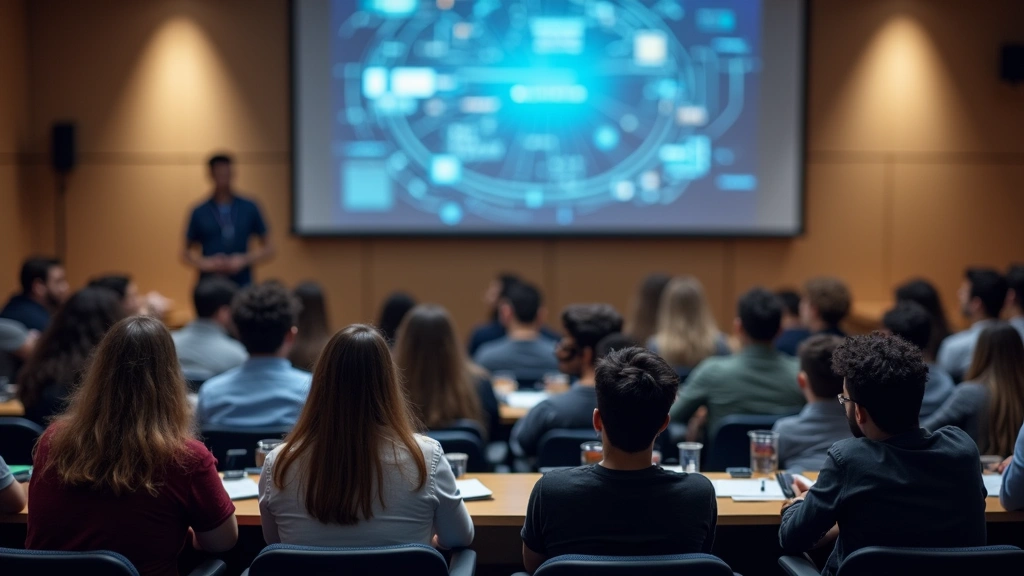 Diverse group of tech students in university lecture hall attending guest speaker presentation, note-taking, engaged audience, presentation screen visible in background showing tech concepts