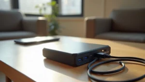 Modern compact portable power bank with USB-C ports and LED display on urban coffee table, multiple cables nearby, bright natural lighting from window