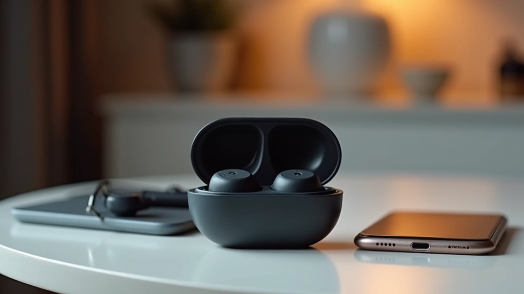 Active noise-canceling wireless earbuds in sleek charging case with smartphone beside it, minimalist apartment setting, soft ambient lighting