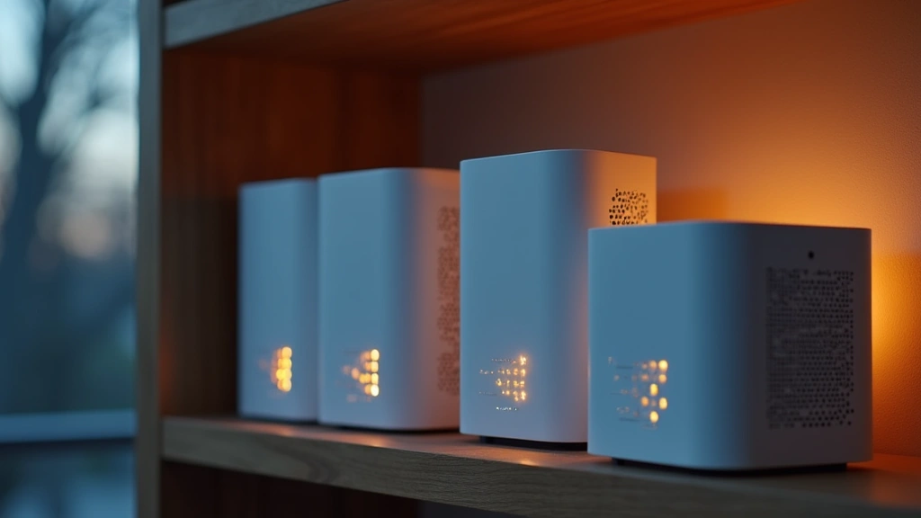Mesh WiFi router system with multiple nodes arranged on apartment shelf, glowing LED indicators, contemporary interior design background