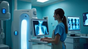 Professional radiologic technologist operating modern digital radiography system in clinical hospital setting, wearing protective lead apron, viewing digital X-ray images on high-resolution monitor, bright clinical lighting, focused concentration on diagnostic imaging