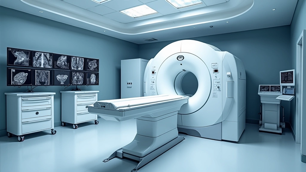 Advanced medical imaging equipment including CT scanner and MRI machine in modern diagnostic imaging center, sleek contemporary hospital design, rows of professional monitors displaying medical scans, clinical environment showcasing cutting-edge healthcare technology