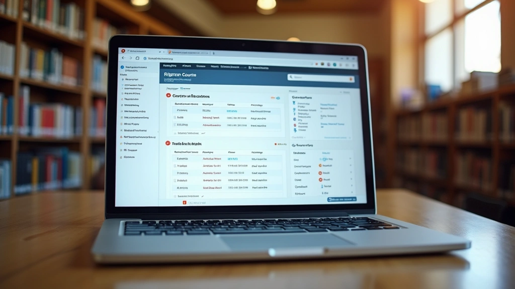 Modern laptop displaying university registrar dashboard interface with course schedule and enrollment data visible on bright screen in university library setting