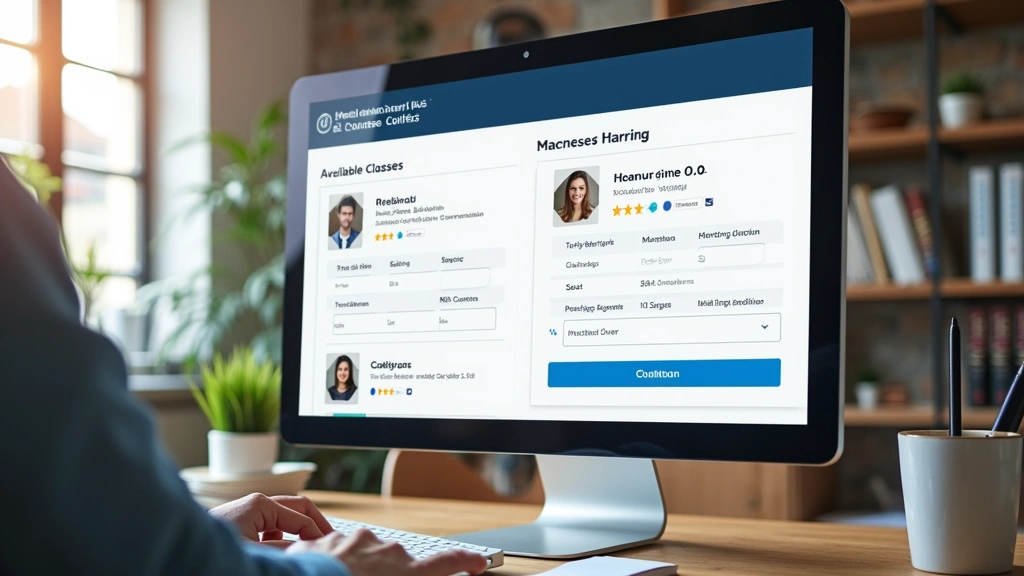 Professional workspace with desktop monitor showing course registration form with available classes, meeting times, and instructor information displayed clearly