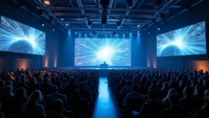 Crowded modern tech conference auditorium with hundreds of attendees watching large projection screens displaying digital interfaces, professional lighting, contemporary architecture