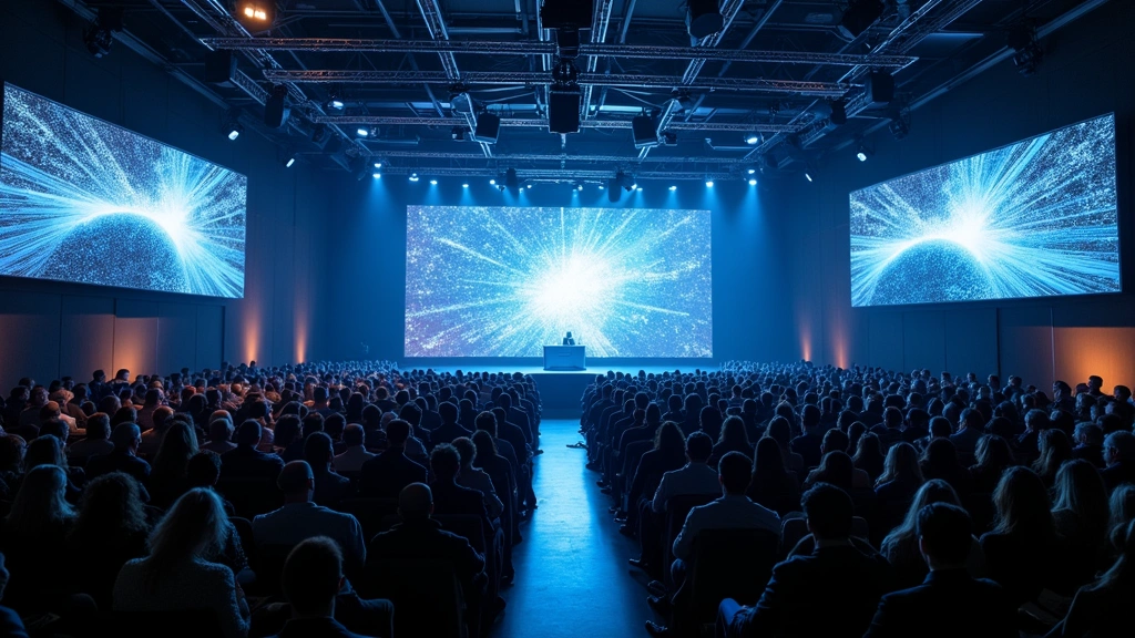 Crowded modern tech conference auditorium with hundreds of attendees watching large projection screens displaying digital interfaces, professional lighting, contemporary architecture