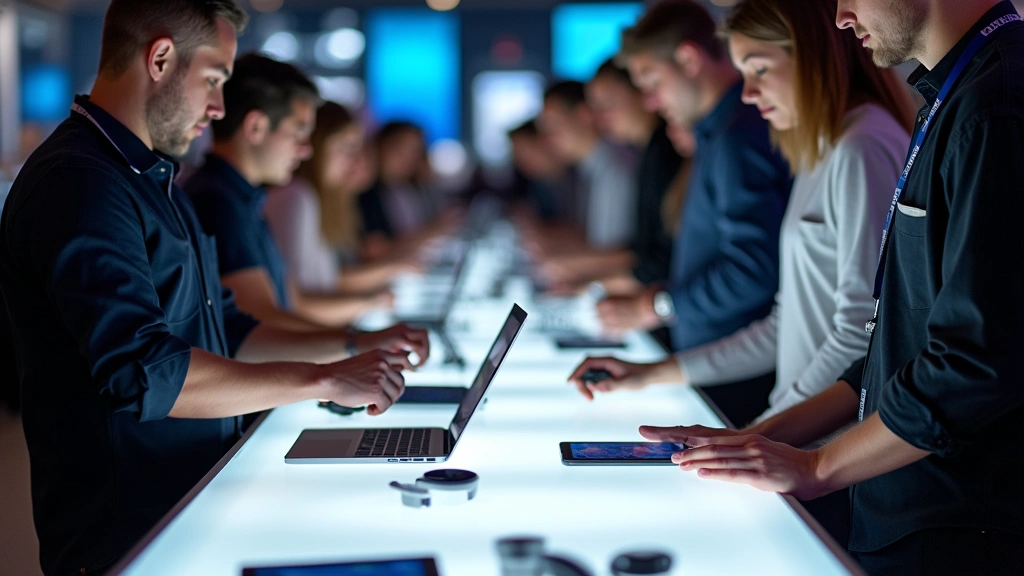 Hands-on gadget demonstration area at technology expo with visitors examining latest smartphones, laptops, and wearable devices on illuminated display tables