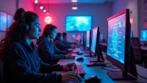 Modern computer lab with multiple high-performance gaming laptops and desktop workstations arranged in collaborative clusters, students typing code, RGB lighting, professional tech environment