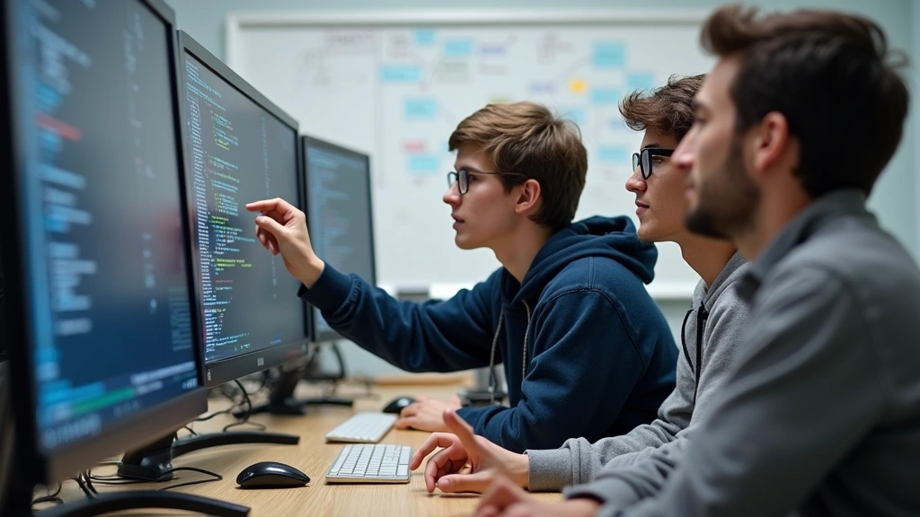Diverse group of high school students working together on software development project using large monitors, one student pointing at code on screen, whiteboard with architecture diagrams visible in background