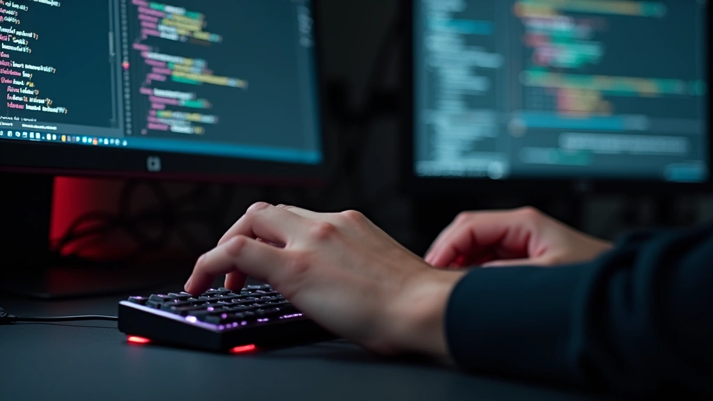 Close-up of hands typing on mechanical keyboard with code editor displaying Python script on monitor, multiple windows open showing version control and debugging tools, professional developer workspace