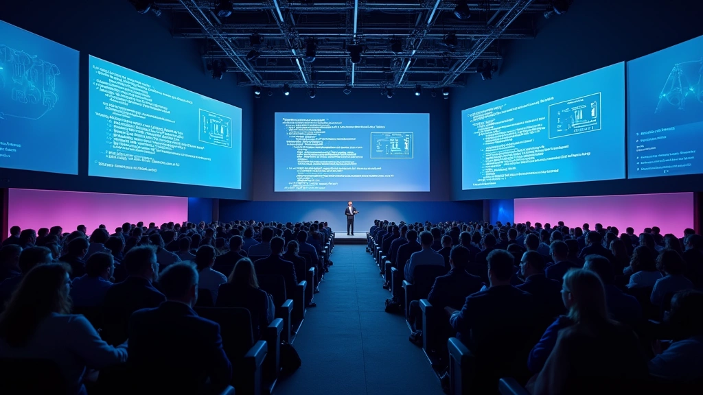Professional tech conference audience viewing large projection screens with code and data visualizations, modern auditorium setting with blue and purple lighting, attendees taking notes