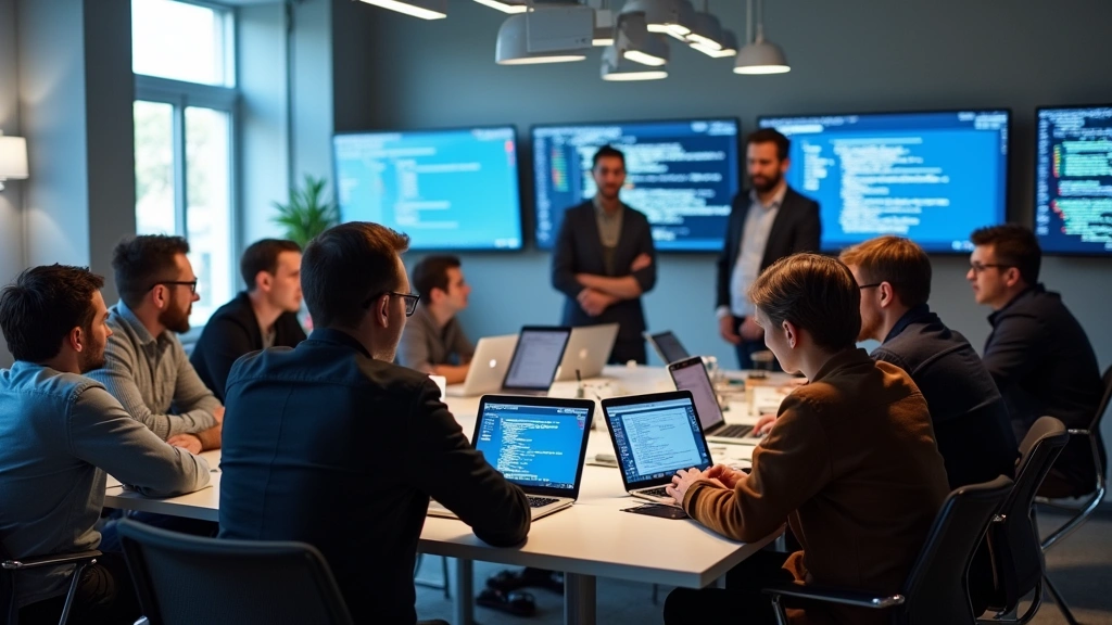 Diverse group of developers and engineers collaborating around laptops and tablets in a bright workshop space, multiple screens displaying programming interfaces and frameworks, hands-on learning environment