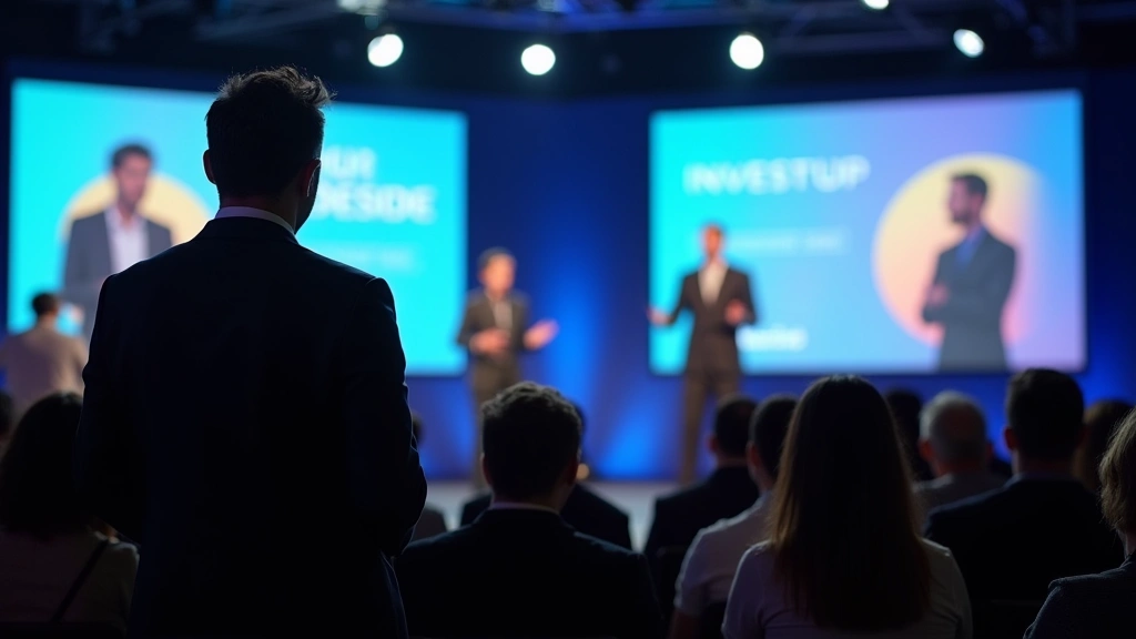 Startup founder presenting to investor panel at pitch competition stage, professional presentation setup with modern design aesthetic, audience members and judges evaluating the presentation