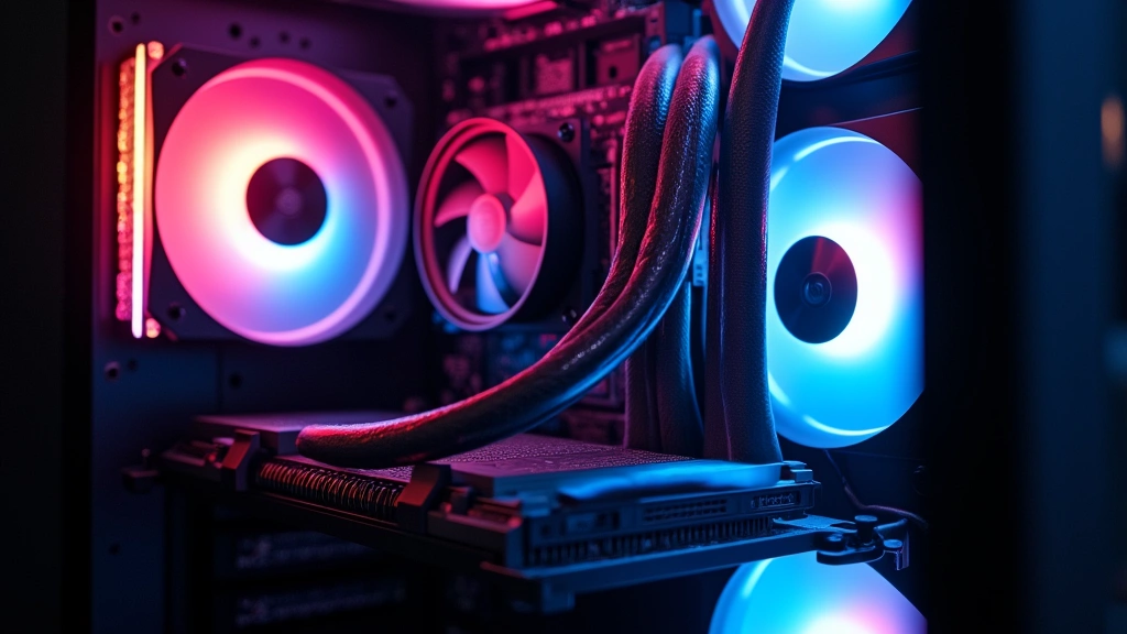 Photorealistic close-up of a high-performance gaming PC with RGB lighting and cooling systems, showing internal components and advanced graphics card, professional tech photography