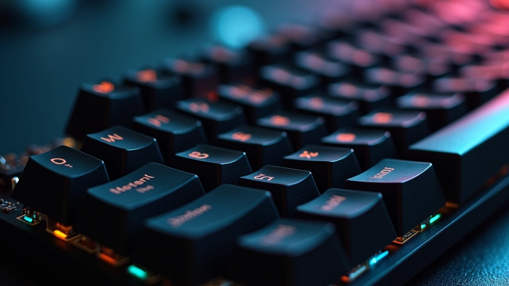Detailed macro photograph of a modern gaming keyboard with mechanical switches, showing key mechanisms and circuit board details, professional product photography