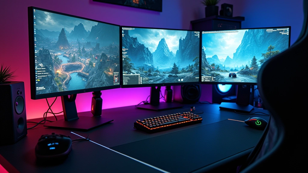 Wide-angle shot of a professional gaming setup with multiple monitors displaying strategy game interface, gaming mouse, mechanical keyboard, and desk organization with tech accessories, high-quality photography
