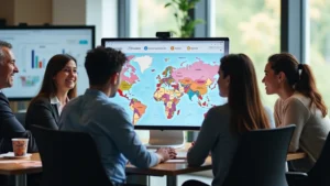 Professional city government office with diverse staff collaborating around a computer displaying colorful civic engagement dashboard with maps and citizen feedback analytics, modern furniture, natural lighting, focused on collaborative technology use