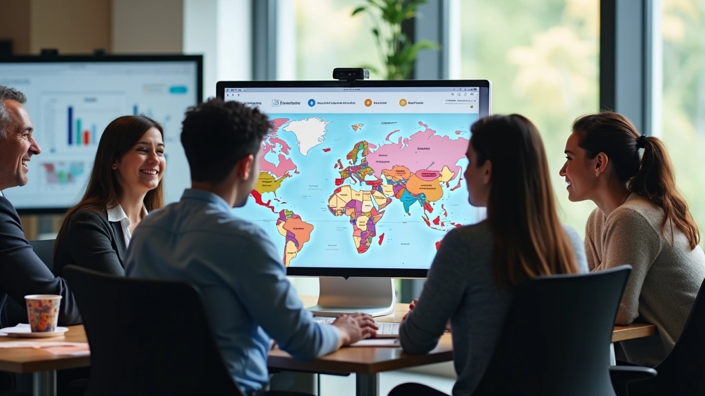 Professional city government office with diverse staff collaborating around a computer displaying colorful civic engagement dashboard with maps and citizen feedback analytics, modern furniture, natural lighting, focused on collaborative technology use