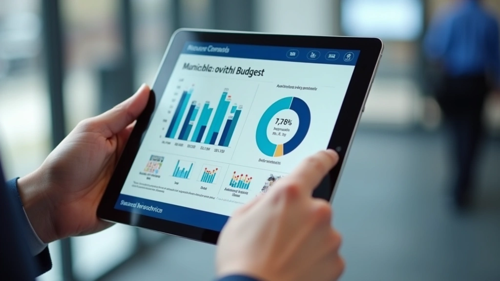 Close-up of tablet screen showing interactive municipal budget visualization with charts and citizen voting interface, hands pointing at data, blurred office background, emphasizing user-friendly civic technology design