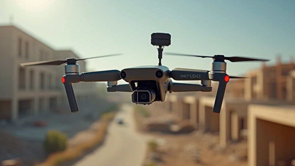 Professional surveying drone hovering above construction site with landscape visible below, RTK GPS antenna mounted on top, photorealistic daylight conditions