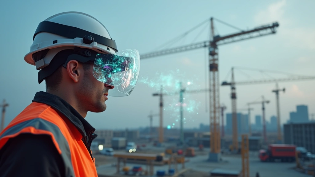 Engineer wearing AR glasses examining construction site with digital 3D model overlay visible in headset display, real infrastructure visible through transparent lens