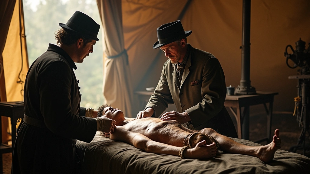Civil War era surgeon performing amputation in field hospital with anesthesia equipment visible, medical instruments on table, period-accurate surgical setting with natural lighting from tent opening