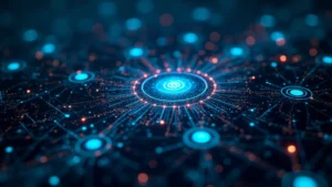 High-quality top-down view of an elaborate technological research interface with glowing nodes and connection lines, futuristic digital design, no text or logos visible, showing interconnected tech advancement paths