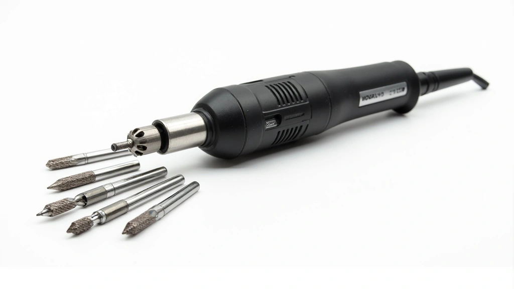 Professional electric nail drill with multiple carbide and diamond bits displayed, ergonomic handle design, 25000 RPM variable speed motor, stainless steel construction, close-up detail shot on white background