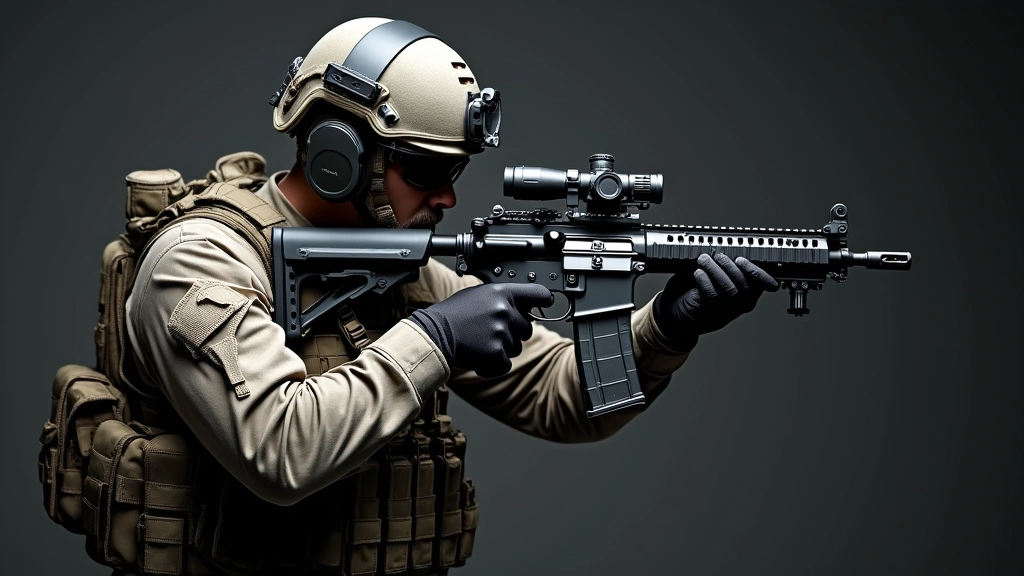 Professional tactical shooter holding modern assault rifle with mounted optics and tactical gear, studio lighting, photorealistic military equipment