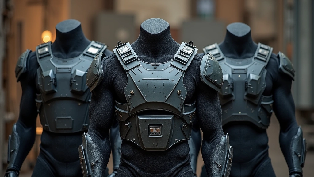 Advanced body armor and protective gear displayed on tactical equipment stand, professional product photography, realistic materials and textures