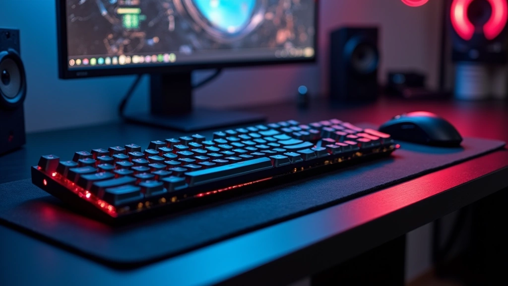 High-end gaming peripheral setup with mechanical keyboard, precision mouse, and gaming monitor, minimalist desk environment, professional lighting