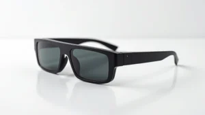 Sleek black AR smart glasses displayed on white surface, showing front and side profile, minimalist tech aesthetic, studio lighting, no text or logos visible