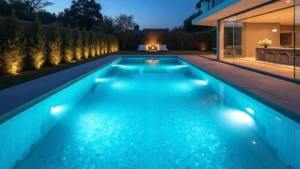 Modern luxury residential clear tech pool with transparent walls displaying underwater LED lighting, crystal-clear water with visible bottom, contemporary architecture surrounding, daytime natural lighting