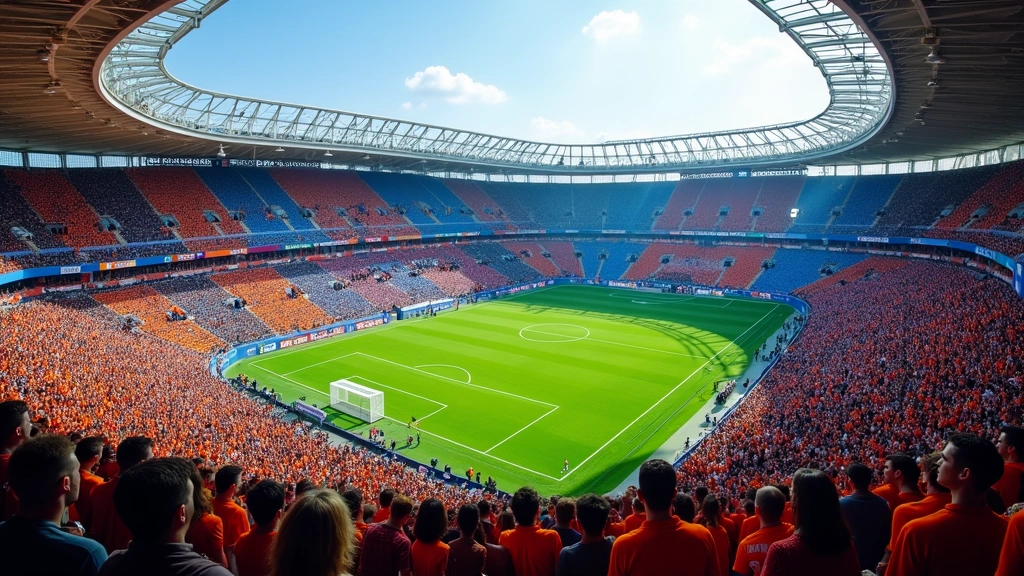 Overhead view of modern football stadium filled with enthusiastic fans wearing orange and blue team colors, natural daylight, vibrant crowd energy, professional sports photography