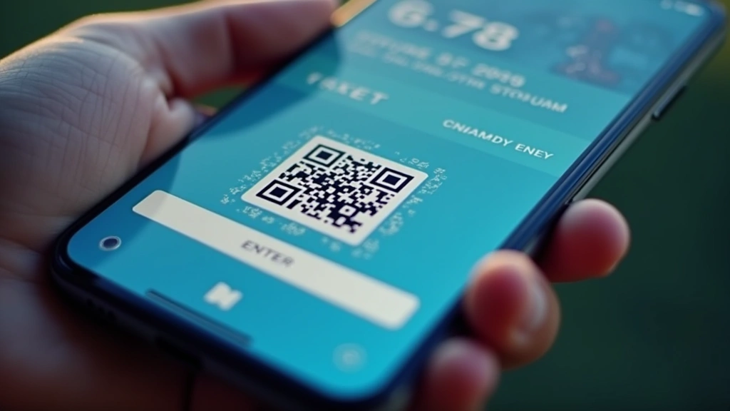 Close-up of smartphone displaying digital ticket barcode with QR code, mobile wallet interface, stadium entry system, modern fintech design aesthetic
