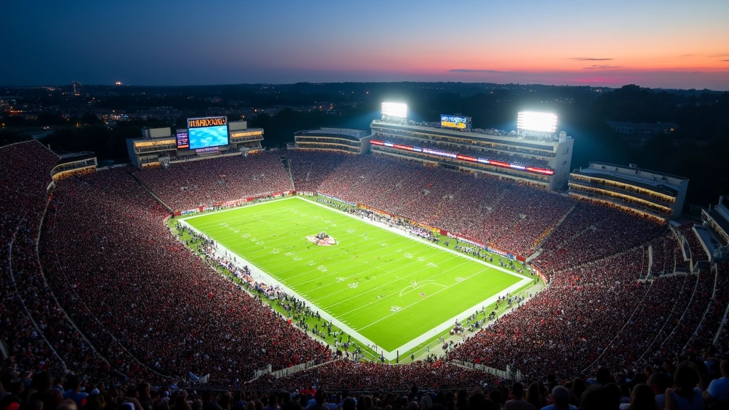 Aerial perspective of packed college football stadium during evening game, field lights illuminated, thousands of spectators in stands, dramatic sports event atmosphere