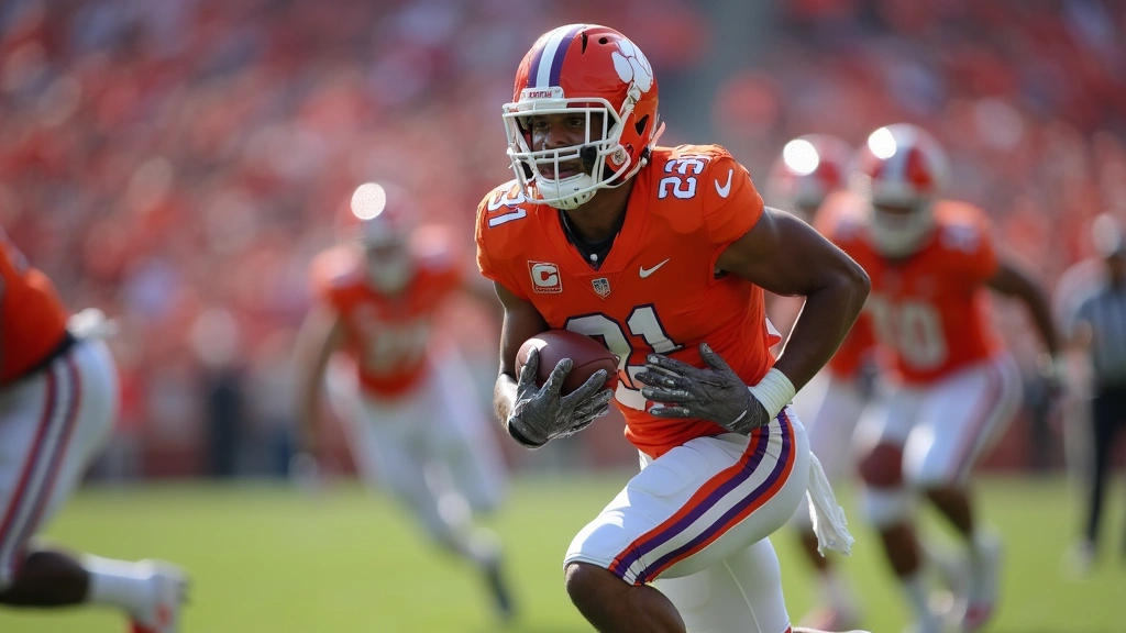 Professional football players in Clemson Tigers orange jerseys executing offensive play during daytime stadium game, realistic stadium lighting and crowd blur background