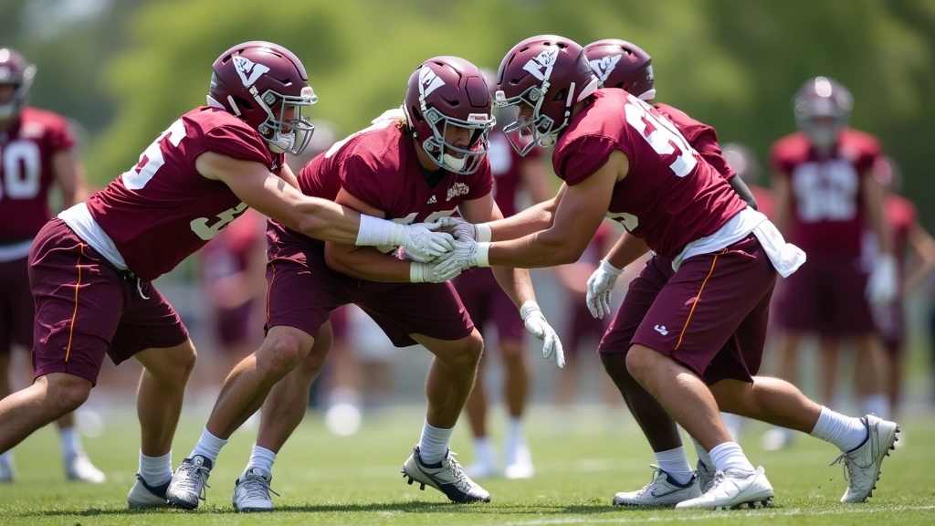 Virginia Tech Hokies defense in burgundy jerseys performing coordinated tackling drill on grass field, defensive formation emphasis, natural outdoor lighting