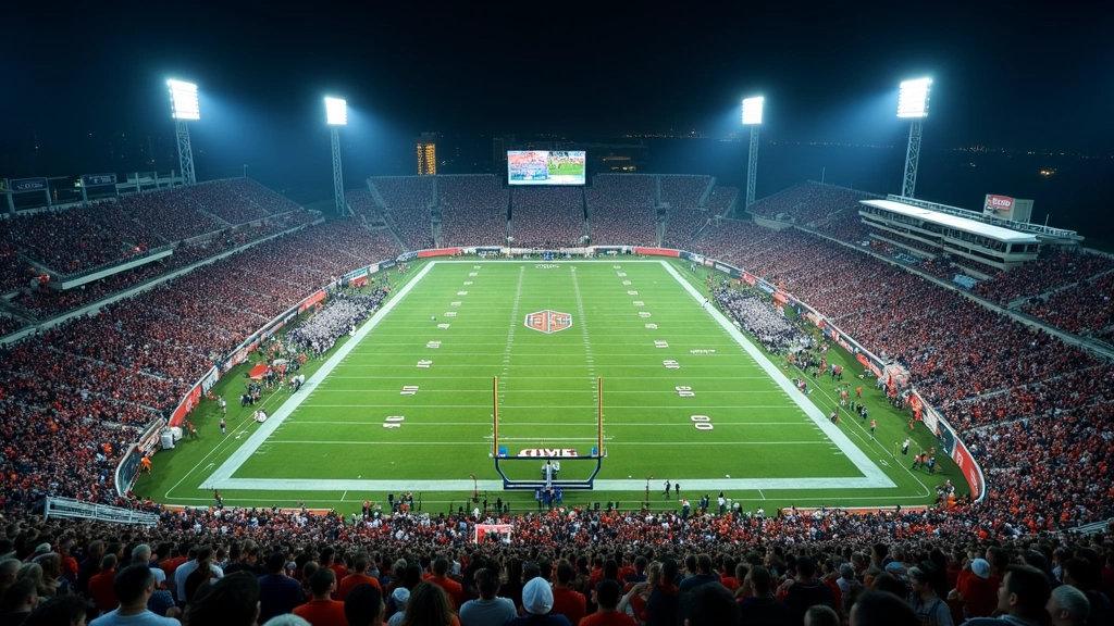 Aerial view of college football stadium during night game with field markings visible, team formations positioned for play execution, realistic stadium environment