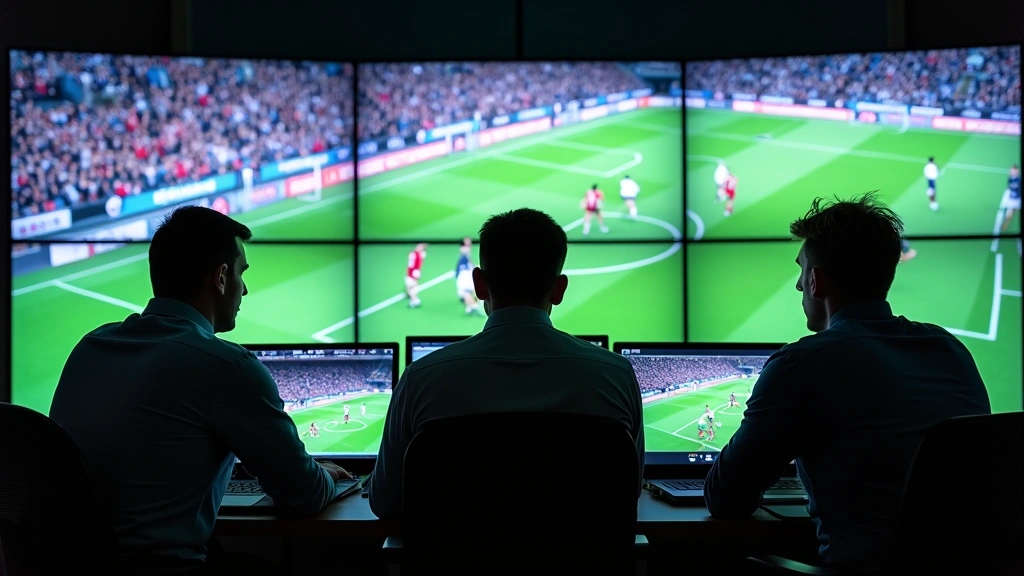 Coaching staff reviewing live game footage on multiple high-resolution monitors simultaneously, analyzing defensive formations and player positioning in real-time