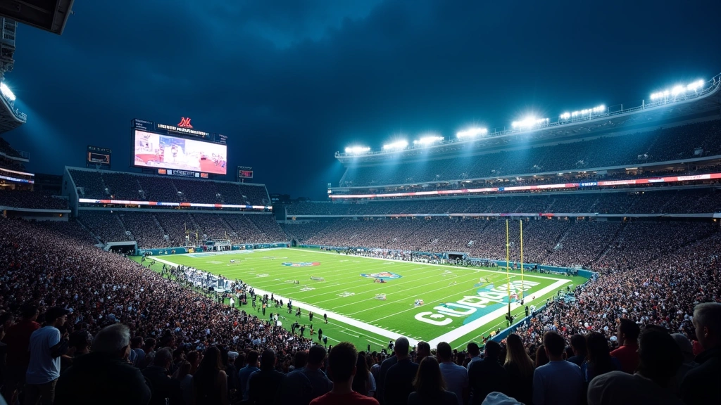 Modern college football stadium at night with illuminated 4K video displays, digital scoreboards, and wireless connectivity indicators, crowd of spectators visible