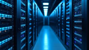 High-performance supercomputer server rack with blue LED lights and cooling systems in a modern data center, photorealistic, no text or logos visible