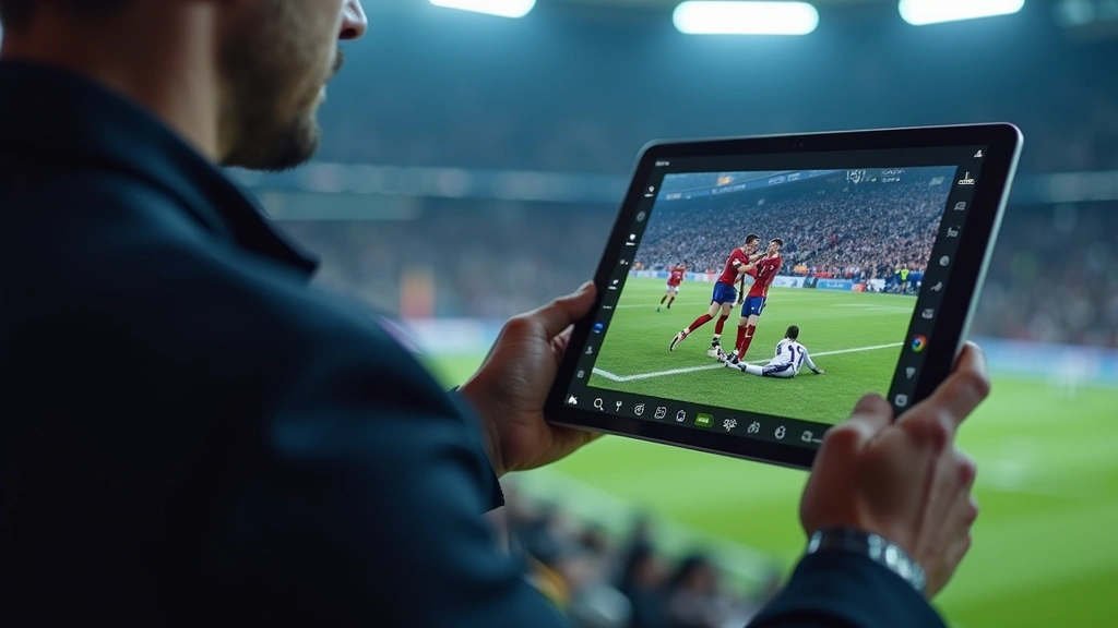 Professional football coach reviewing game film on advanced tablet with multiple camera angles displayed, stadium background blurred, realistic lighting