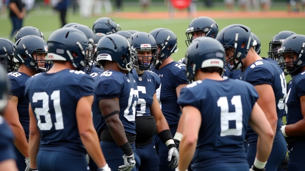 Football team huddle during intense game preparation, players wearing modern uniforms and equipment, coaching staff visible in background, field visible