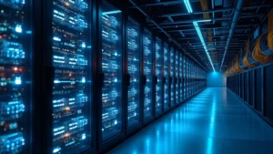 High-performance supercomputer cluster with illuminated servers and fiber optic cables, data center environment, professional computing infrastructure