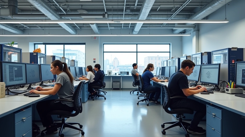 Modern engineering laboratory with students using CAD software on workstations, 3D printers, and testing equipment, collaborative tech workspace